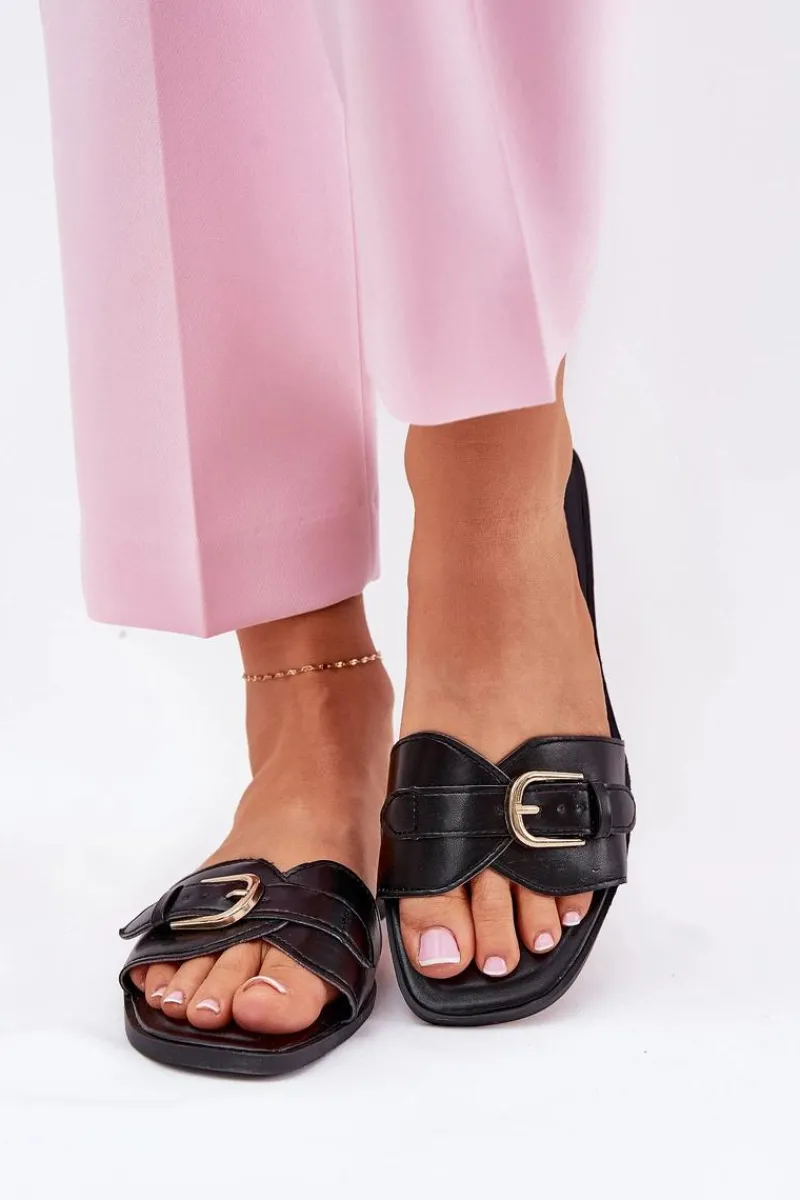 Sale Płaskie Klapki Damskie Ze Złotą Klamrą Czarne Esiobb Damskie Klapki Damskie Klasyczne