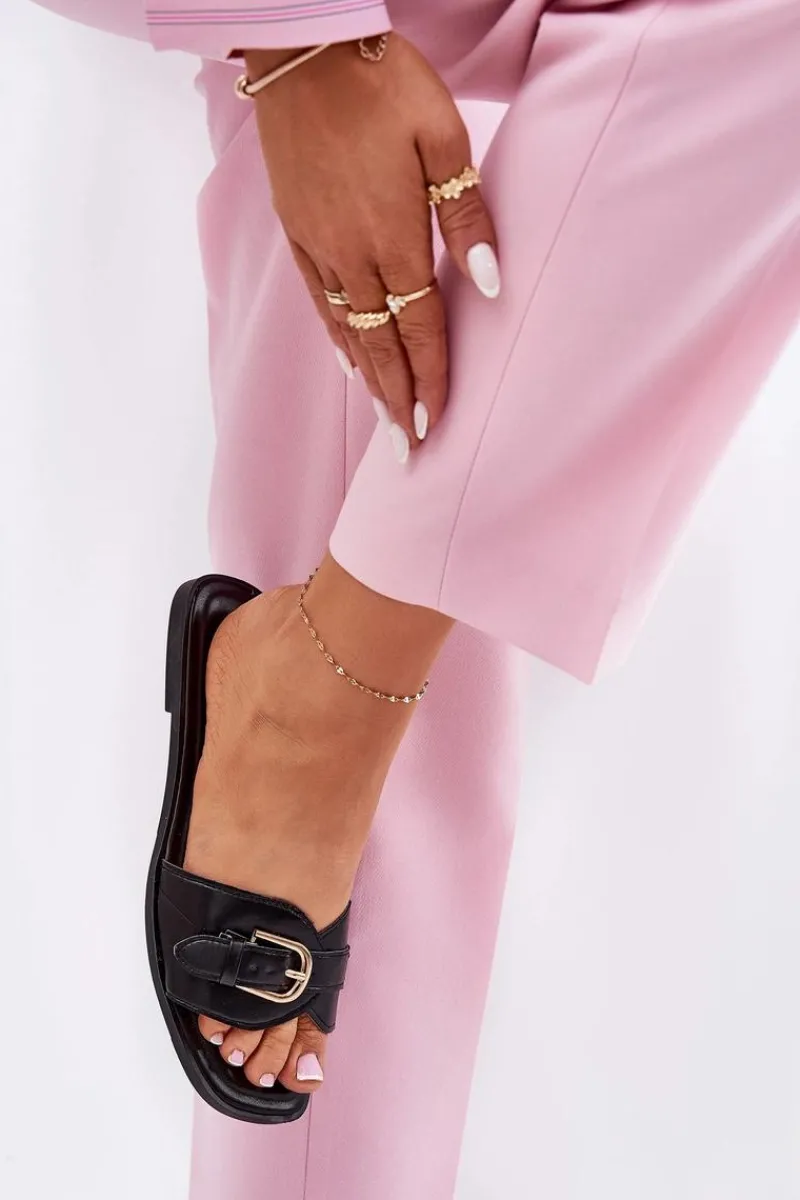 Sale Płaskie Klapki Damskie Ze Złotą Klamrą Czarne Esiobb Damskie Klapki Damskie Klasyczne