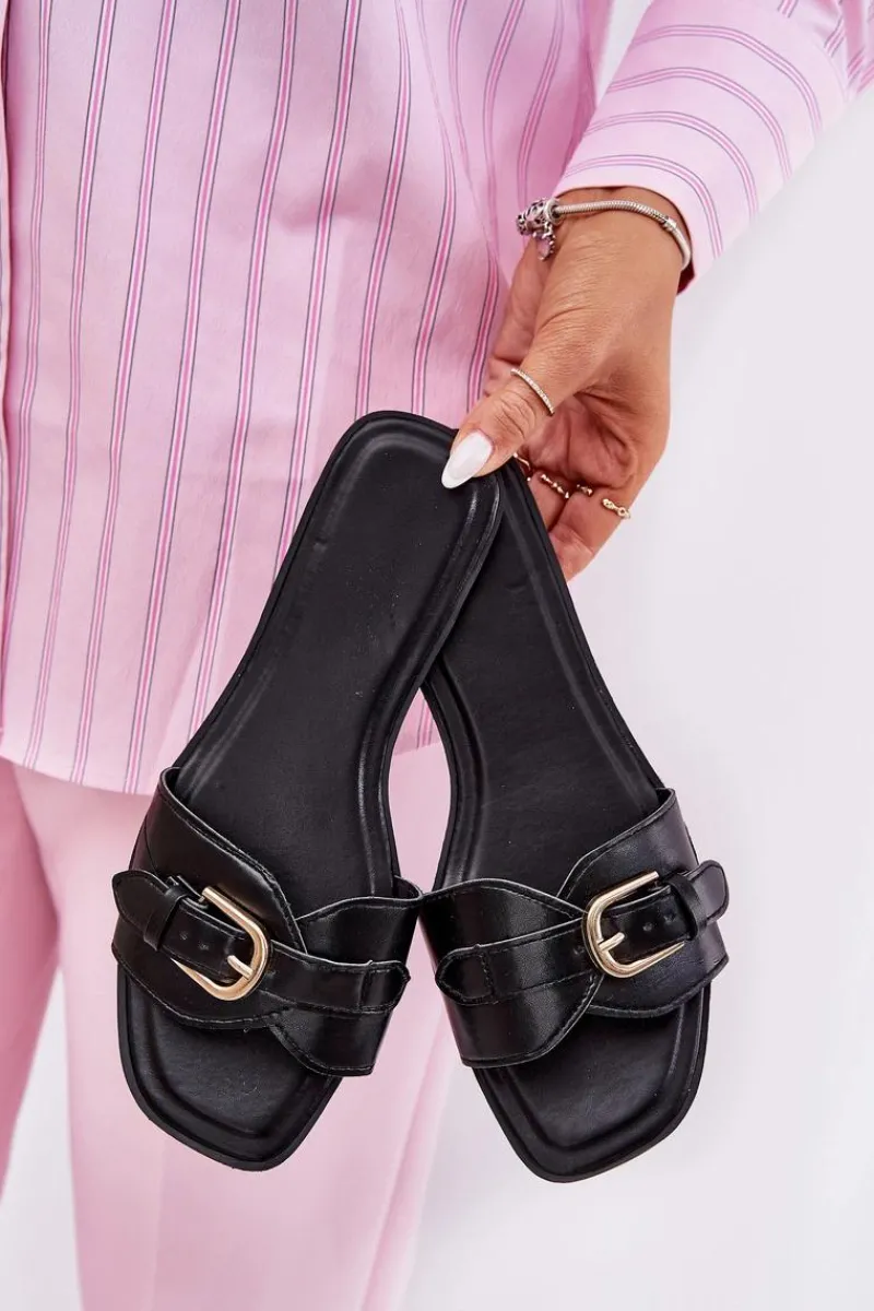 Sale Płaskie Klapki Damskie Ze Złotą Klamrą Czarne Esiobb Damskie Klapki Damskie Klasyczne