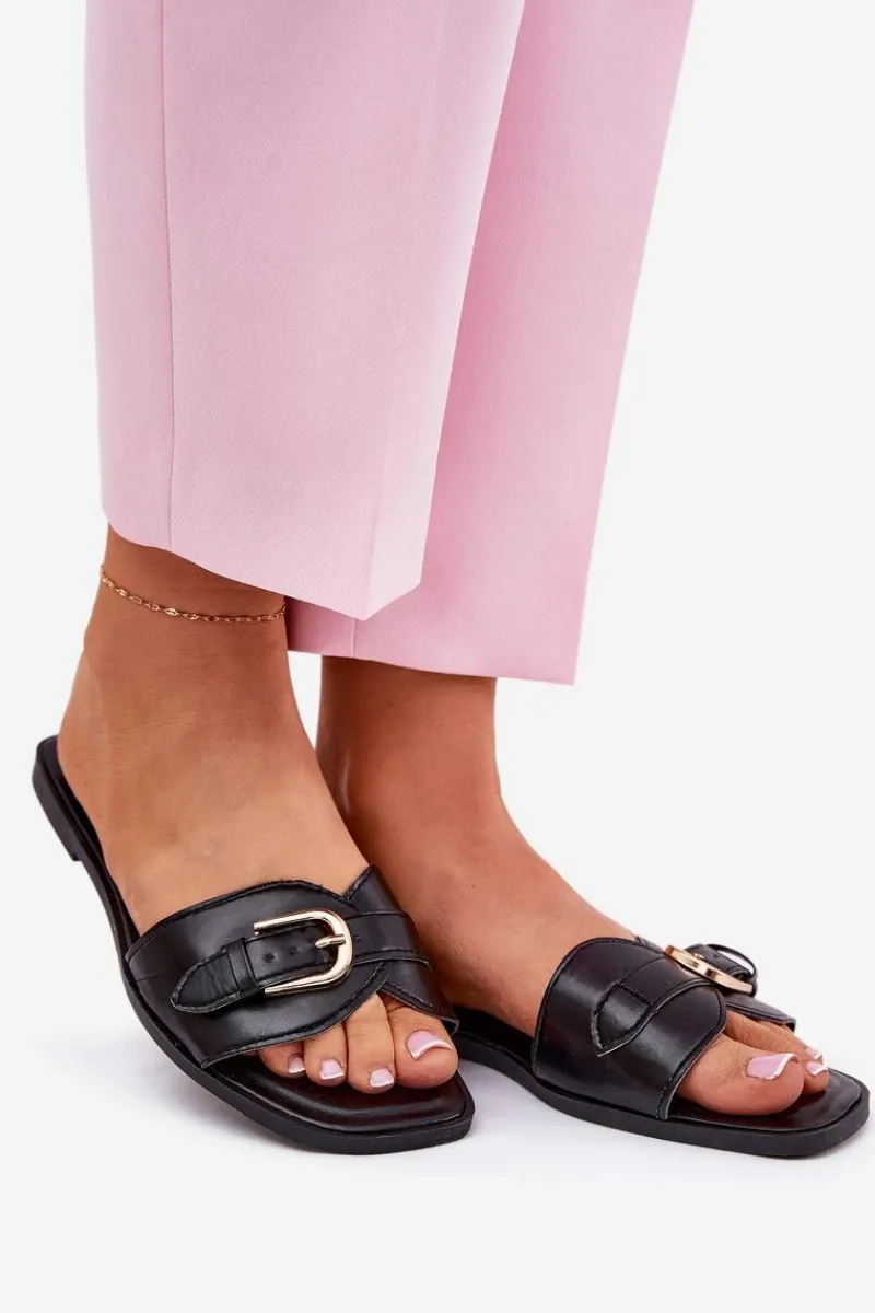 Sale Płaskie Klapki Damskie Ze Złotą Klamrą Czarne Esiobb Damskie Klapki Damskie Klasyczne