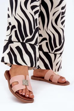 Hot Płaskie Klapki Z Wycięciami I Ozdobą Brudny Róż Bohalis Damskie Klapki Damskie Klasyczne