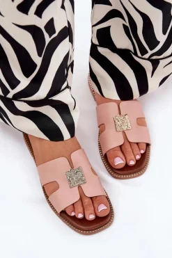 Hot Płaskie Klapki Z Wycięciami I Ozdobą Brudny Róż Bohalis Damskie Klapki Damskie Klasyczne