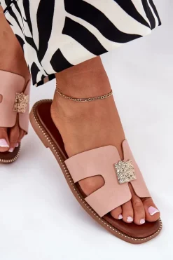 Hot Płaskie Klapki Z Wycięciami I Ozdobą Brudny Róż Bohalis Damskie Klapki Damskie Klasyczne