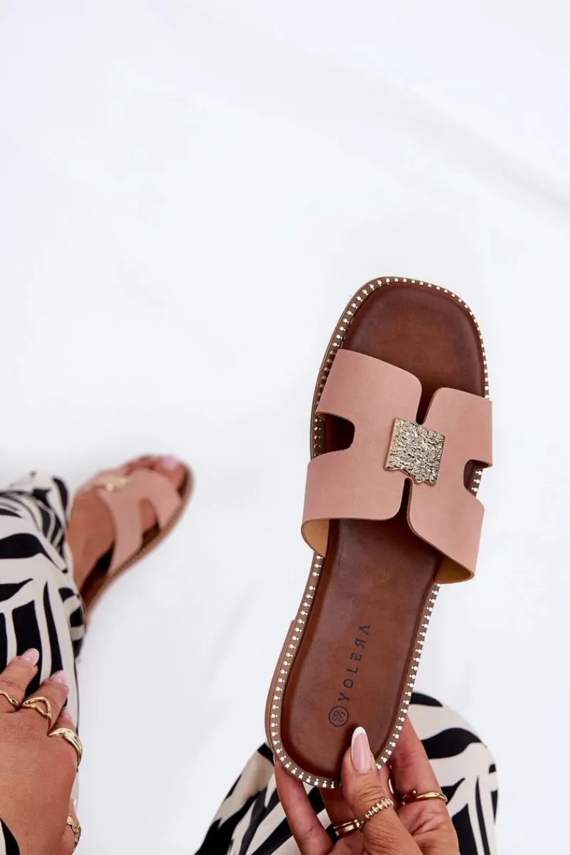 Hot Płaskie Klapki Z Wycięciami I Ozdobą Brudny Róż Bohalis Damskie Klapki Damskie Klasyczne