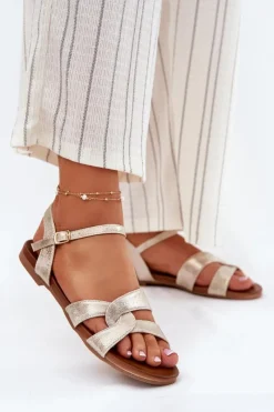 Sale Płaskie Połyskujące Sandały Damskie S.Barski KV51-022 Złote Damskie Sandały Płaskie