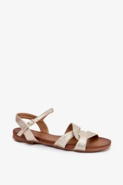 Sale Płaskie Połyskujące Sandały Damskie S.Barski KV51-022 Złote Damskie Sandały Płaskie