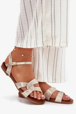 Sale Płaskie Połyskujące Sandały Damskie S.Barski KV51-022 Złote Damskie Sandały Płaskie