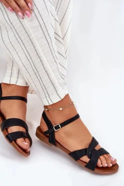 Sandały Płaskie>Damskie buty S.Barski Płaskie Połyskujące Sandały Damskie S.Barski KV51-022 Czarne Czarny