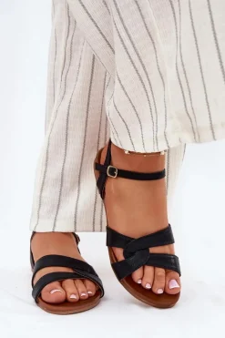 Sandały Płaskie></noscript>Damskie buty S.Barski Płaskie Połyskujące Sandały Damskie S.Barski KV51-022 Czarne Czarny