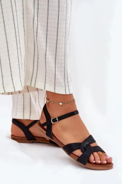 Sandały Płaskie></noscript>Damskie buty S.Barski Płaskie Połyskujące Sandały Damskie S.Barski KV51-022 Czarne Czarny