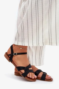 Sandały Płaskie></noscript>Damskie buty S.Barski Płaskie Połyskujące Sandały Damskie S.Barski KV51-022 Czarne Czarny