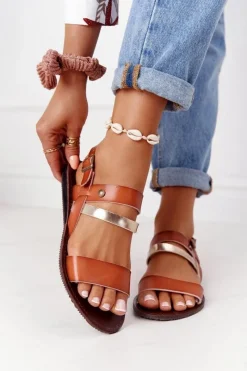 Outlet Evento Płaskie Sandały Damskie Brązowo-Złote Doris