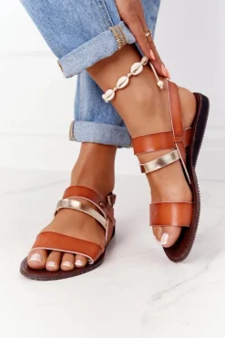 Outlet Evento Płaskie Sandały Damskie Brązowo-Złote Doris