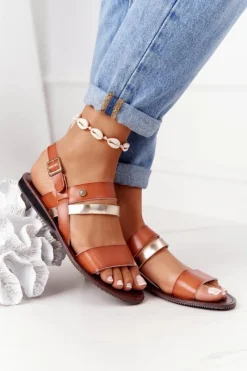 Outlet Evento Płaskie Sandały Damskie Brązowo-Złote Doris