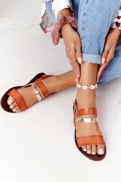 Outlet Evento Płaskie Sandały Damskie Brązowo-Złote Doris