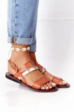 Outlet Evento Płaskie Sandały Damskie Brązowo-Złote Doris