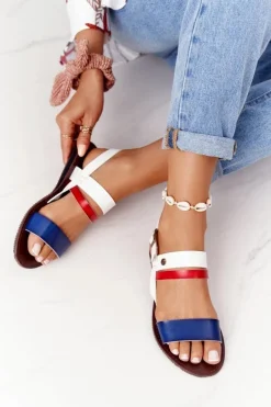 Discount Płaskie Sandały Damskie Granatowo-Białe Doris Damskie Sandały Płaskie