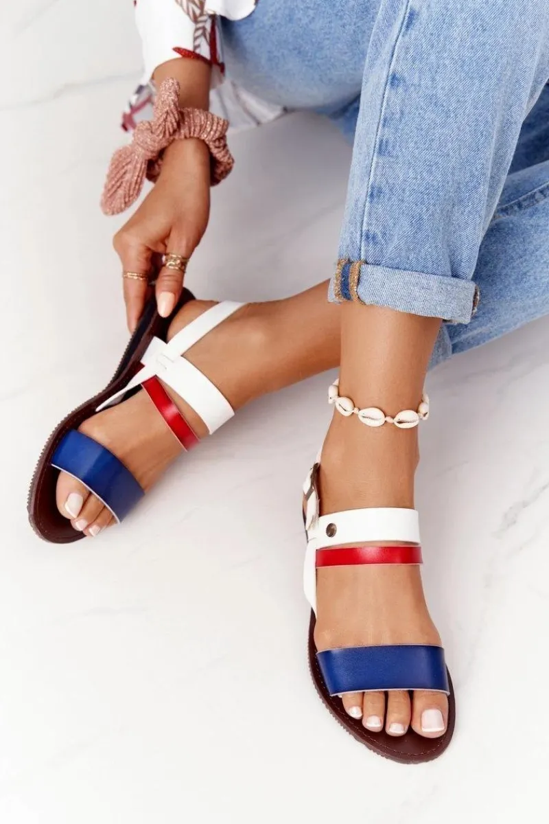 Discount Płaskie Sandały Damskie Granatowo-Białe Doris Damskie Sandały Płaskie