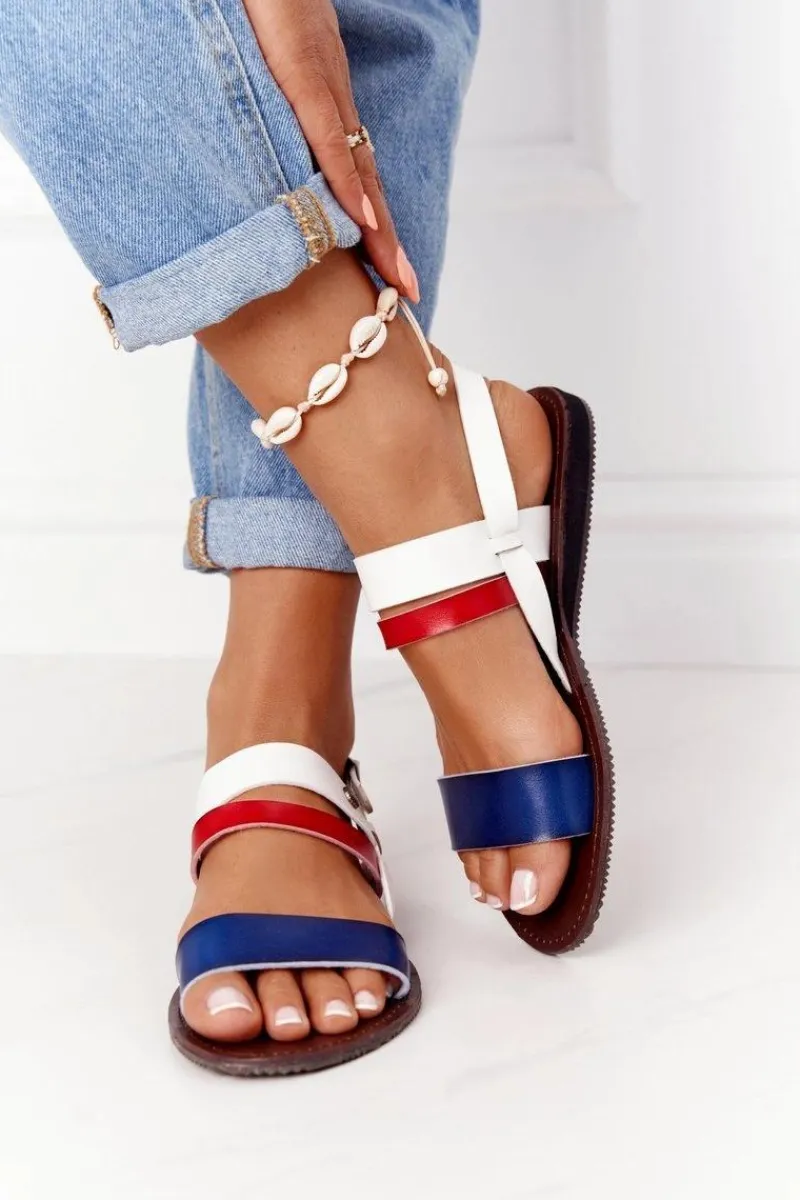 Discount Płaskie Sandały Damskie Granatowo-Białe Doris Damskie Sandały Płaskie