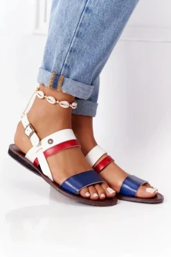 Discount Płaskie Sandały Damskie Granatowo-Białe Doris Damskie Sandały Płaskie
