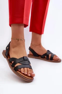 Discount Płaskie Sandały Damskie Z Eko Skóry Vinceza 17347 Czarne Damskie Sandały Płaskie