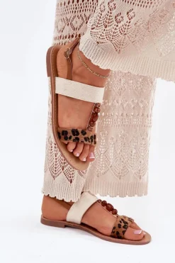 Sandały Płaskie>Boto Płaskie Sandały Damskie Z Koralikami Panterka Brązowe Virona Brązowy