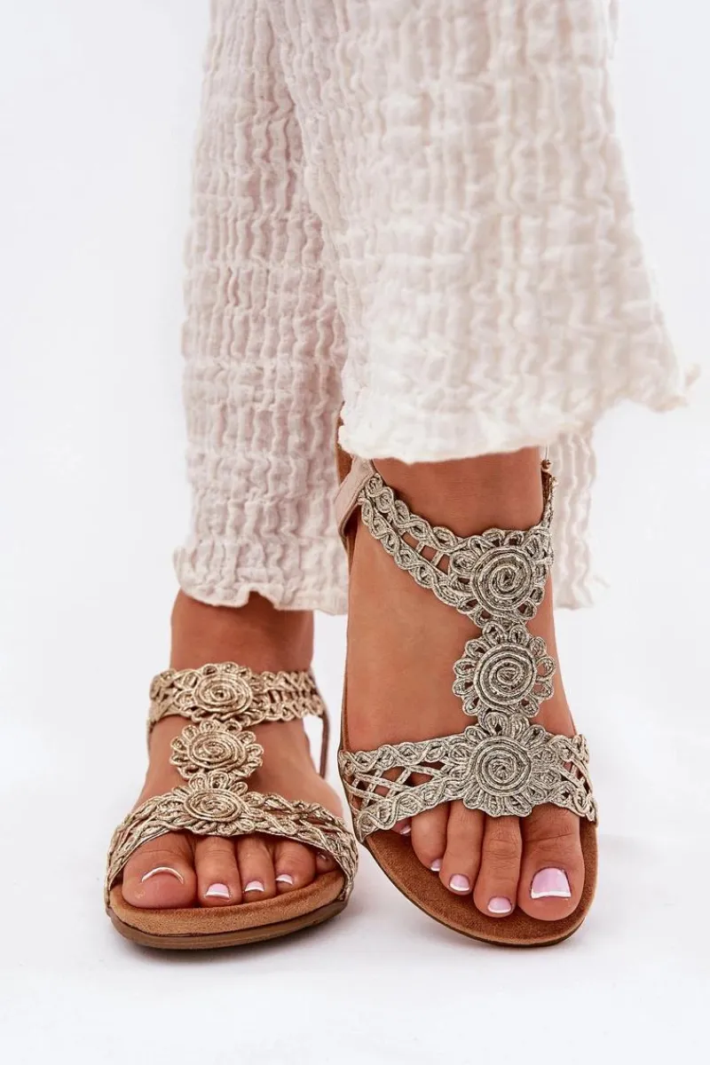 Sandały Płaskie>Artiker Płaskie Sandały Damskie Z Koronkowym Wzorem 56C1281 Złote