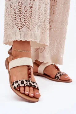 Sale Płaskie Sandały Damskie Z Koralikami Panterka Beżowe Virona Damskie Sandały Płaskie