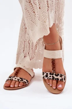 Sale Płaskie Sandały Damskie Z Koralikami Panterka Beżowe Virona Damskie Sandały Płaskie