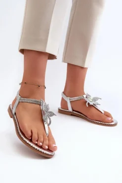 Sandały Płaskie>Evento Płaskie Sandały Damskie Z Ozdobnym Kwiatkiem Srebrne Edoni Srebrny
