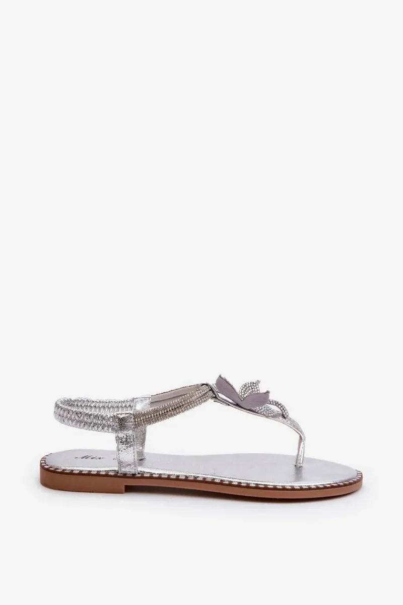 Sandały Płaskie>Evento Płaskie Sandały Damskie Z Ozdobnym Kwiatkiem Srebrne Edoni Srebrny
