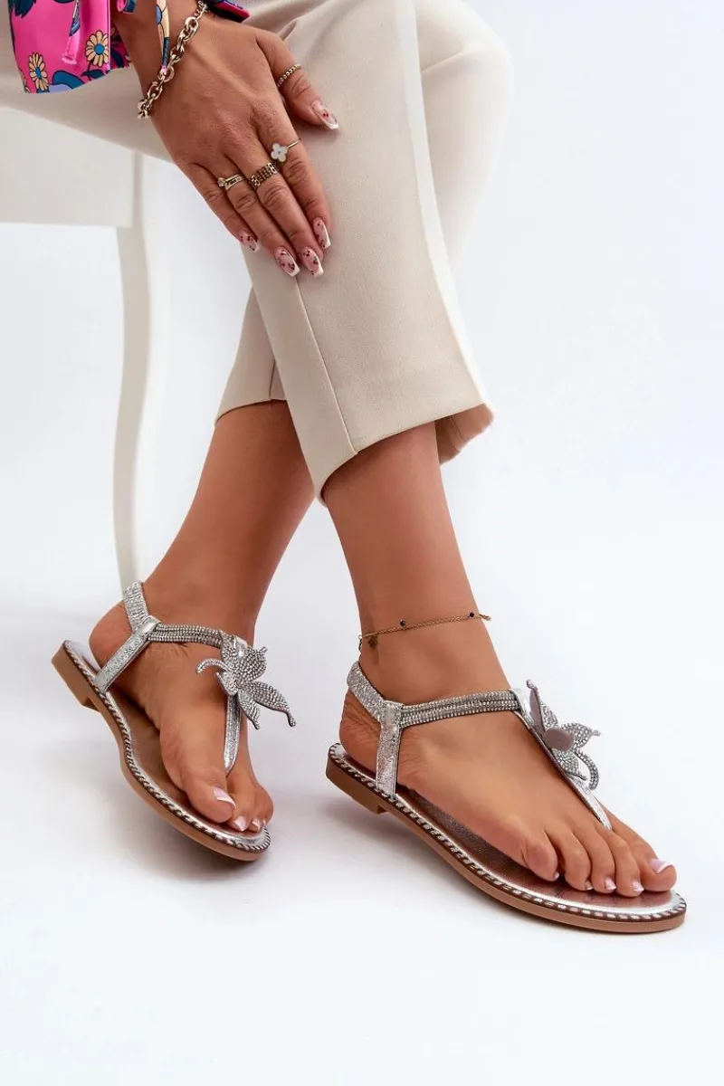 Sandały Płaskie>Evento Płaskie Sandały Damskie Z Ozdobnym Kwiatkiem Srebrne Edoni Srebrny