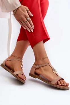 Sale Buty damskie Vinceza Płaskie Sandały Damskie Ze Złotą Ozdobą Vinceza 17321 Beżowe