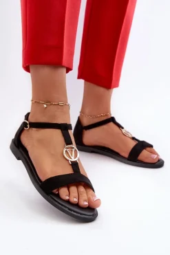 Sale Płaskie Sandały Damskie Ze Złotą Ozdobą Vinceza 17321 Czarne Damskie Sandały Płaskie
