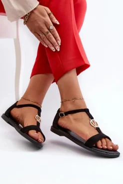 Sale Płaskie Sandały Damskie Ze Złotą Ozdobą Vinceza 17321 Czarne Damskie Sandały Płaskie
