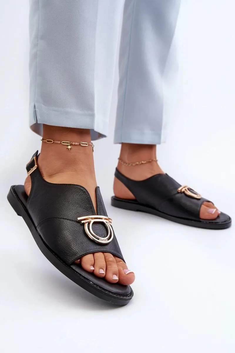 Sandały Płaskie>Buty damskie Vinceza Płaskie Sandały Damskie Ze Złotą Ozdobą Vinceza 17319 Czarne