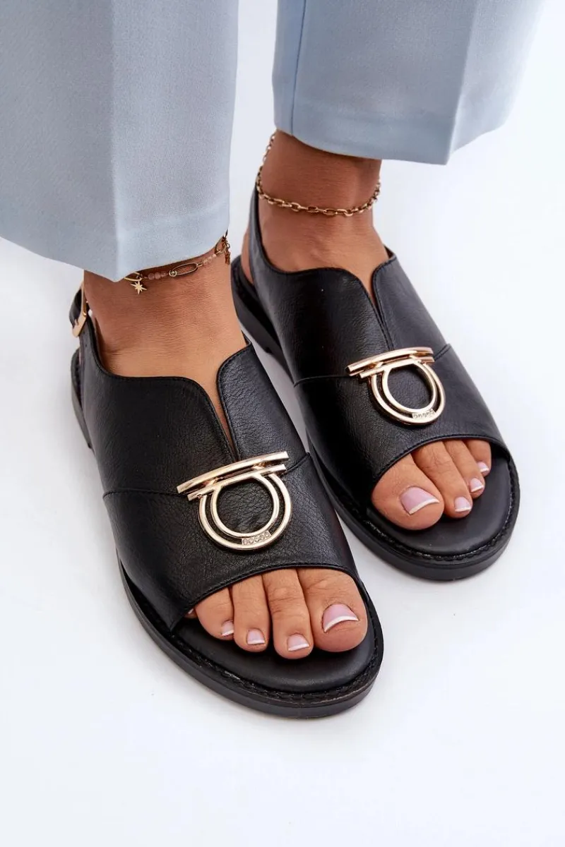 Sandały Płaskie>Buty damskie Vinceza Płaskie Sandały Damskie Ze Złotą Ozdobą Vinceza 17319 Czarne