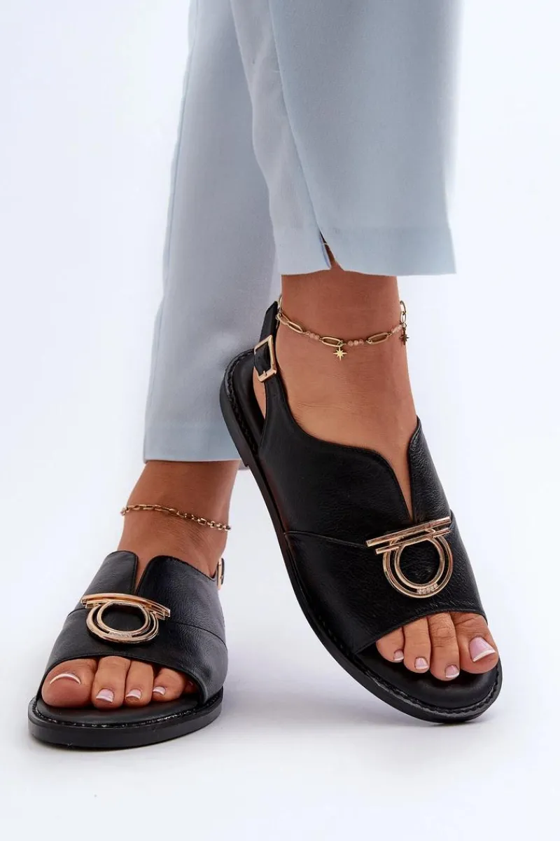 Sandały Płaskie>Buty damskie Vinceza Płaskie Sandały Damskie Ze Złotą Ozdobą Vinceza 17319 Czarne