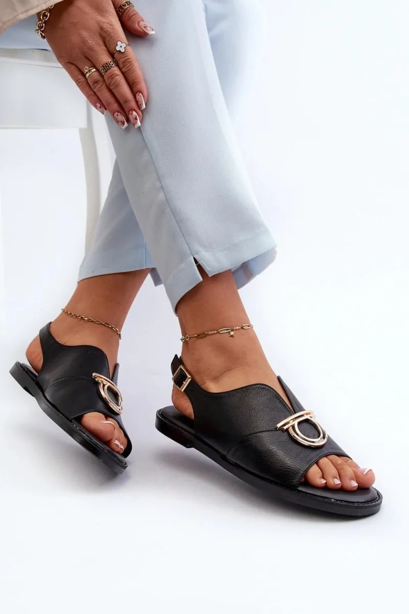 Sandały Płaskie>Buty damskie Vinceza Płaskie Sandały Damskie Ze Złotą Ozdobą Vinceza 17319 Czarne