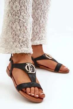 Hot Damskie buty S.Barski Płaskie Sandały Damskie Ze Złotą Ozdobą S.Barski KV27-051 Czarne