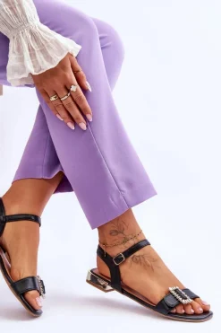 Discount Płaskie Sandały Na Złotym Obcasie Czarne Mindley Damskie Sandały Płaskie