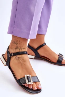 Discount Płaskie Sandały Na Złotym Obcasie Czarne Mindley Damskie Sandały Płaskie