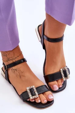 Discount Płaskie Sandały Na Złotym Obcasie Czarne Mindley Damskie Sandały Płaskie