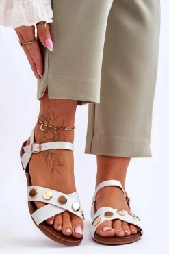 Best Płaskie Sandały S.Barski KV-5541-35 Biało-Srebrne Damskie Sandały Płaskie