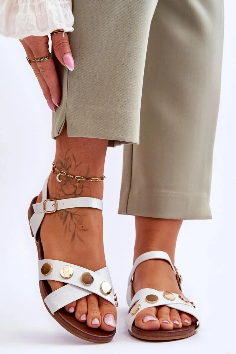 Best Płaskie Sandały S.Barski KV-5541-35 Biało-Srebrne Damskie Sandały Płaskie