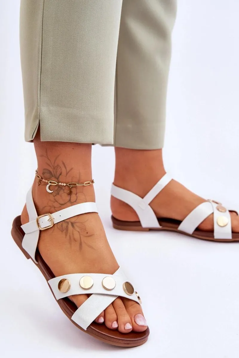 Best Płaskie Sandały S.Barski KV-5541-35 Biało-Srebrne Damskie Sandały Płaskie