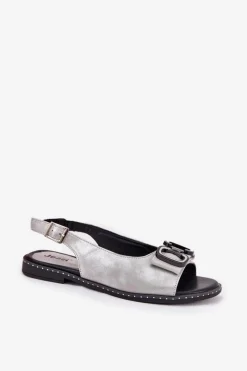 Clearance Boto Płaskie Sandały Z Ozdobą Eko Skórzane Srebrne Lilria Srebrny