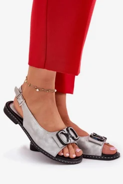 Clearance Boto Płaskie Sandały Z Ozdobą Eko Skórzane Srebrne Lilria Srebrny