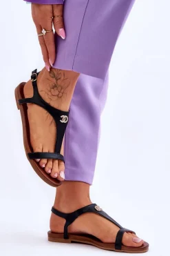 Outlet Damskie buty S.Barski Płaskie Sandały Z Ozdobą S.Barski KV-5541-45 Czarne