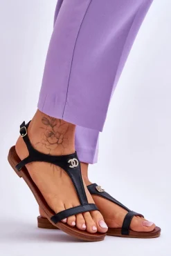 Outlet Damskie buty S.Barski Płaskie Sandały Z Ozdobą S.Barski KV-5541-45 Czarne